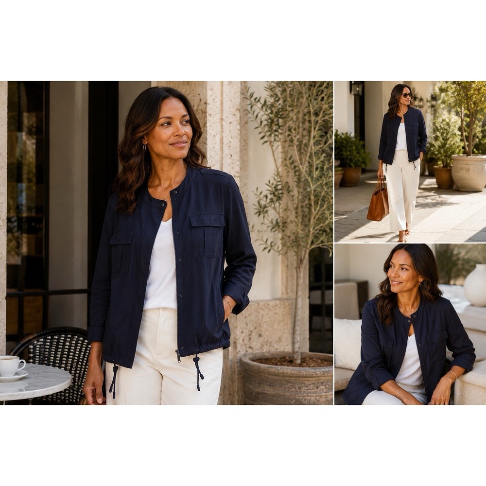 J.Jill Navy Blue Utility Jacket M Lightweight Drawstring Hem Zip Front